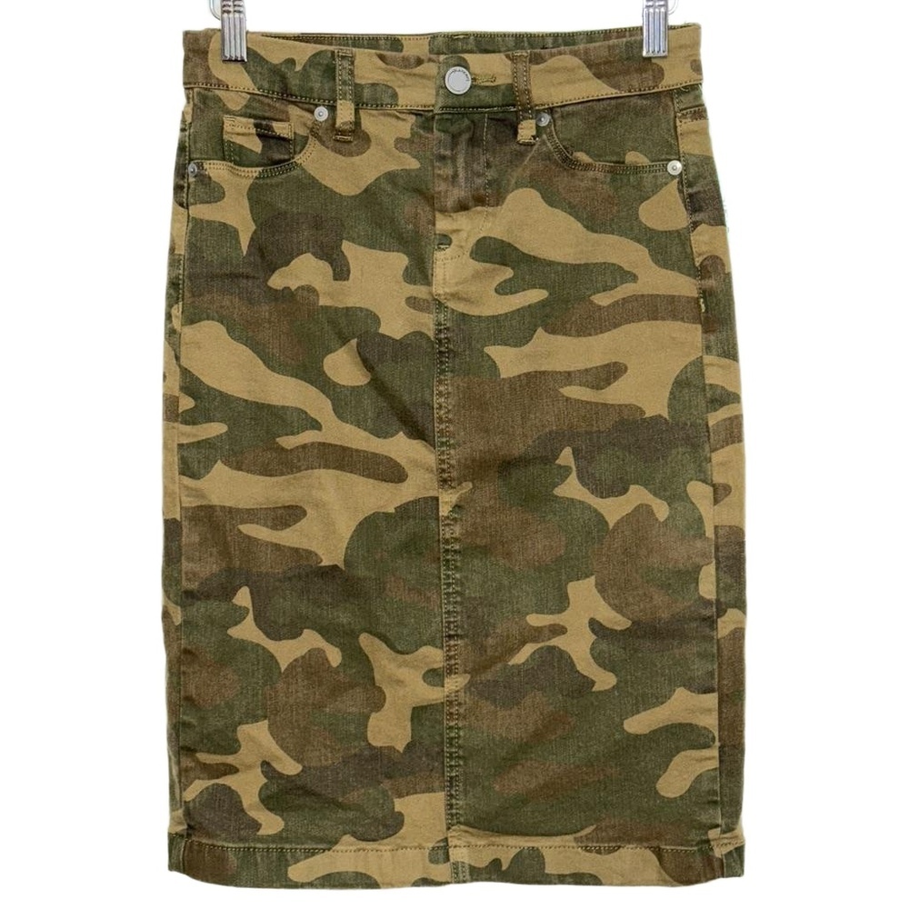 NEW BLANKNYC Brown Green Tan Camo Camouflage Denim Midi Skirt Womens Size 24